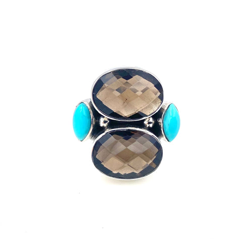 Nicky Butler SS Smokey Quartz & Turquoise Double Oval Gem Ring