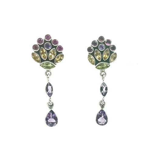 Nicky Butler SS Amethyst Multi Gem Drop Clip Back Earrings