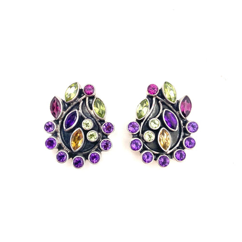 Nicky Butler SS Amethyst Multi Gem Paisley Clip Back Earrings