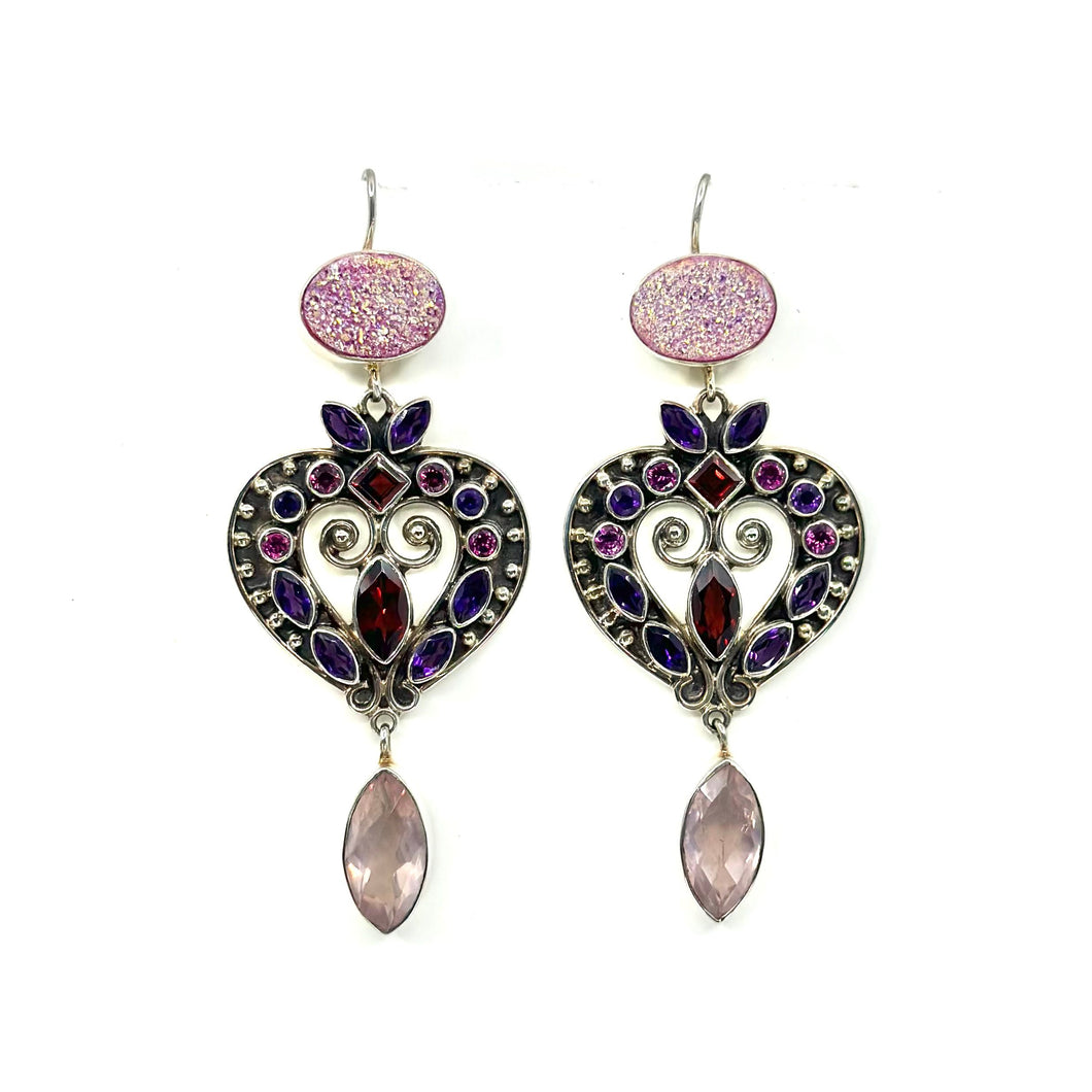 Nicky Butler SS RAJ Pink Drusy Quartz Multi Gem Drop Earrings