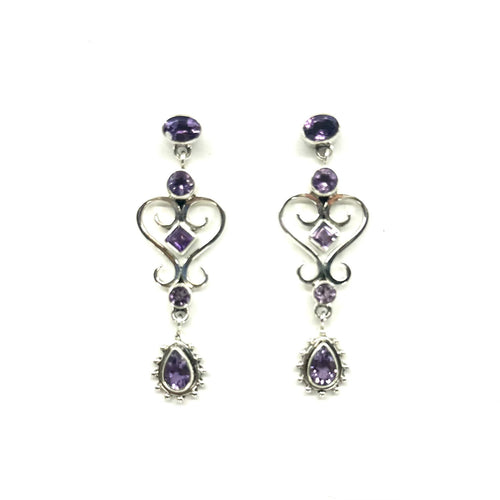 Nicky Butler SS Amethyst Multi Gem Heart Drop Earrings