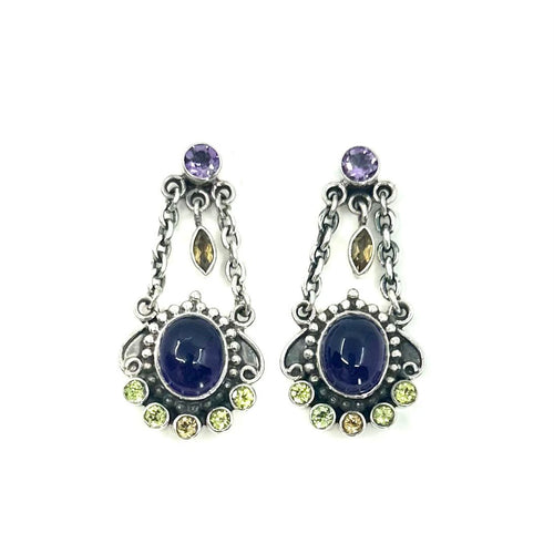 Nicky Butler SS Amethyst Cabochon Multi Gem Trapeze Drop Earrings