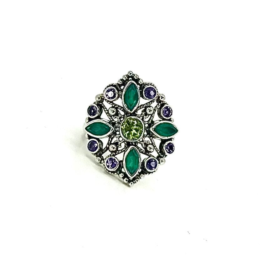 Nicky Butler SS Green Chalcedony Multi Gem Filigree Ring