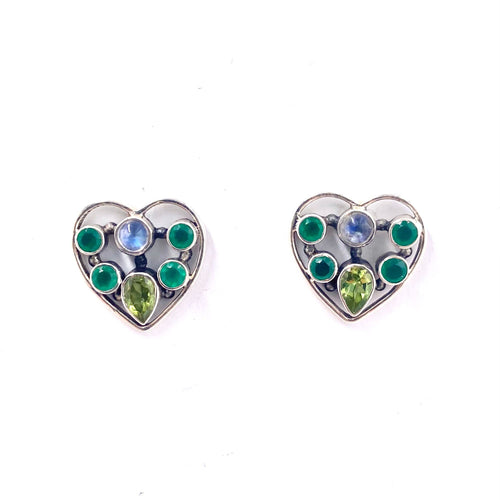 Nicky Butler SS Green Chalcedony Multi Gem Heart Stud Earrings